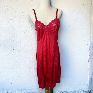 Vintage red nylon and lace  slip dress M